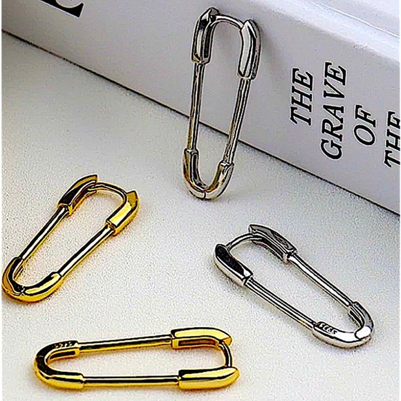 Safety Pin Gold Plated Earrings Sterling Silver - Picture 1 of 7